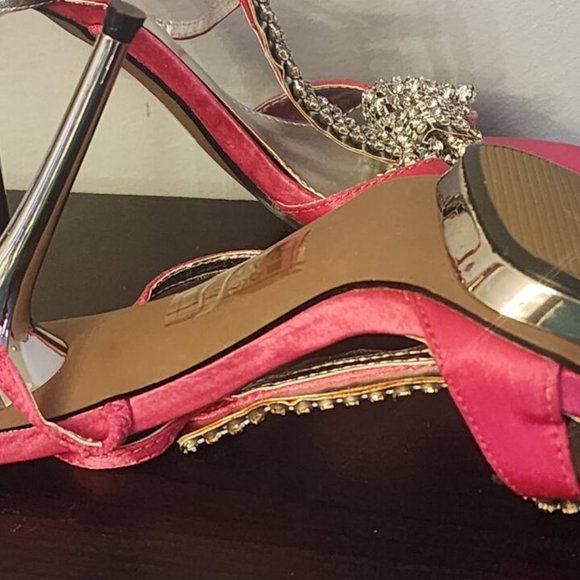 CORA Rhinestones Pink/ Silver Fabric Open Toe Platform Stiletto Heels Size 6 - Picture 8 of 11